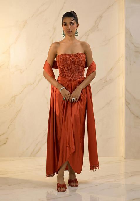 Rust Orange Embroidered Handwork Fusion Set