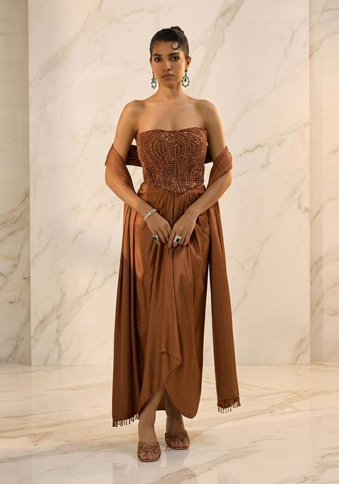 Brown Embroidered Handwork Fusion Set