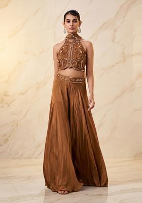 Copper Brown Embroidered Handwork Fusion Set