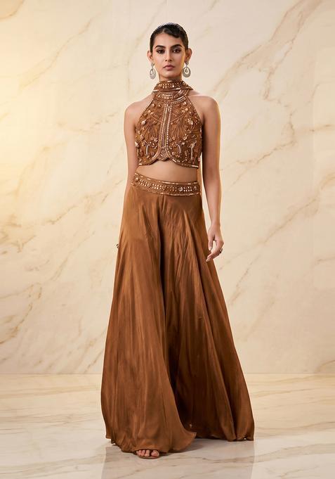 Copper Brown Embroidered Handwork Fusion Set