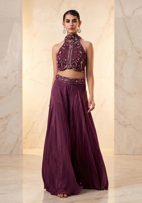 Purple Embroidered Handwork Fusion Set