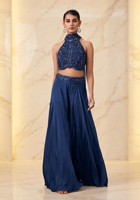 Royal Blue Embroidered Handwork Fusion Set