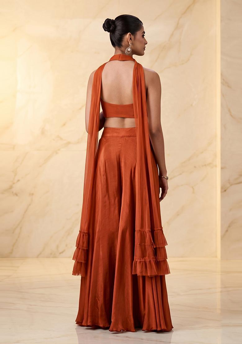 Rust Orange Embroidered Handwork Fusion Set - Indya