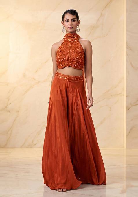 Rust Orange Embroidered Handwork Fusion Set