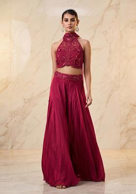 Magenta Embroidered Handwork Fusion Set