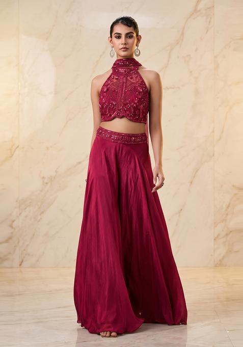 Magenta Embroidered Handwork Fusion Set