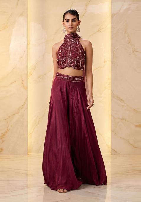 Deep WIne Embroidered Handwork Fusion Set