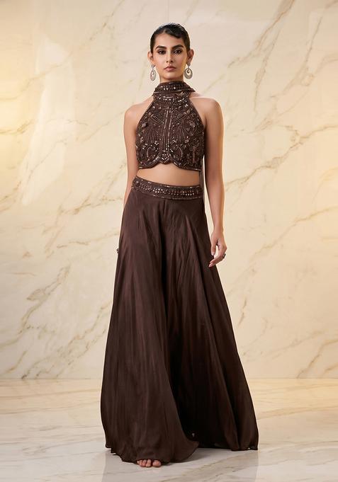 Dark Brown Embroidered Handwork Fusion Set