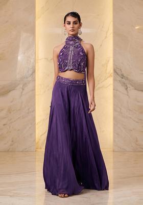 Purple Embroidered Handwork Fusion Set