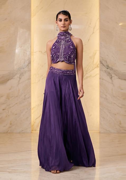 Purple Embroidered Handwork Fusion Set