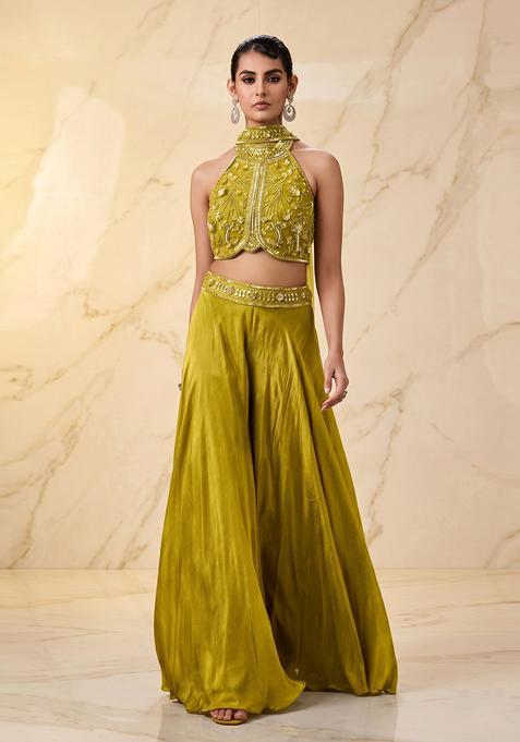 Lime Green Embroidered Handwork Fusion Set