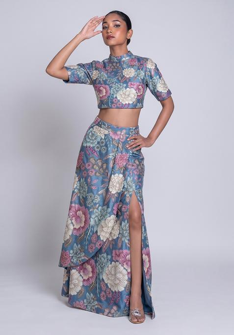 Steel Blue Printed Chinon Fusion Set