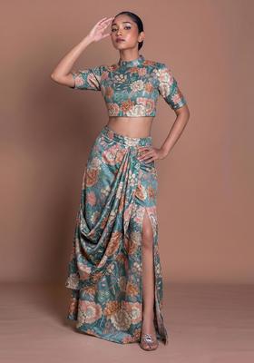 Sea Green Printed Chinon Fusion Set