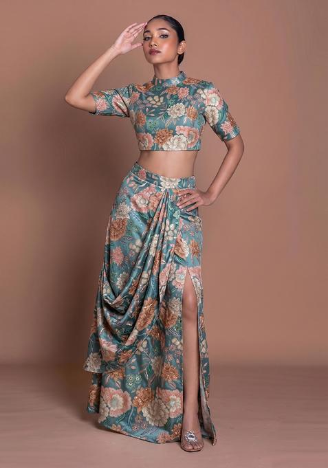 Sea Green Printed Chinon Fusion Set