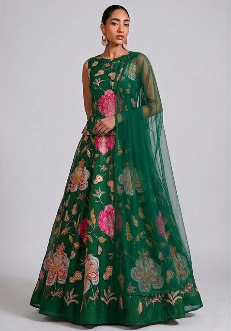 Emerald Green Printed Organza Lehenga Set