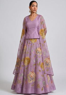 Lavender Printed Organza Lehenga Set