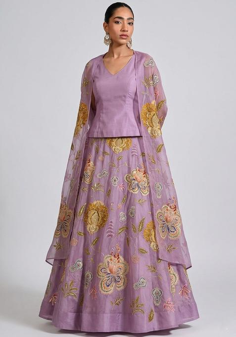 Lavender Printed Organza Lehenga Set