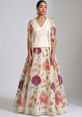 Off White Printed Organza Lehenga Set