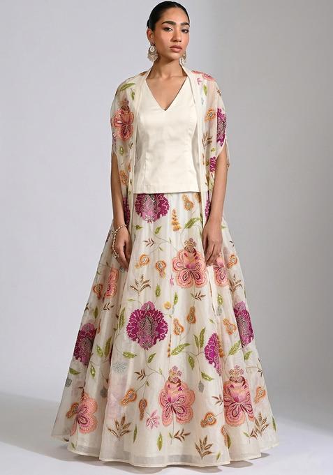 Off White Printed Organza Lehenga Set
