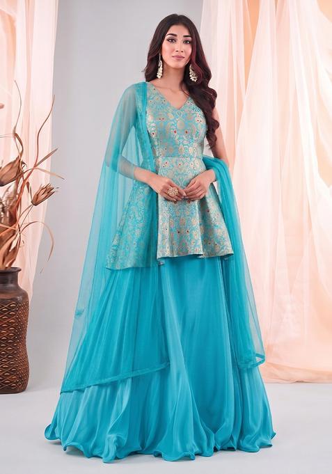 Teal Brocade Lehenga Set