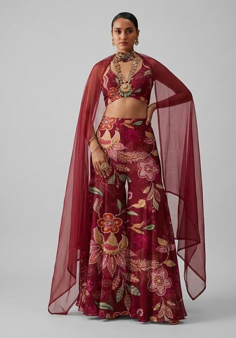 Deep Maroon Embroidered Organza Fusion Set