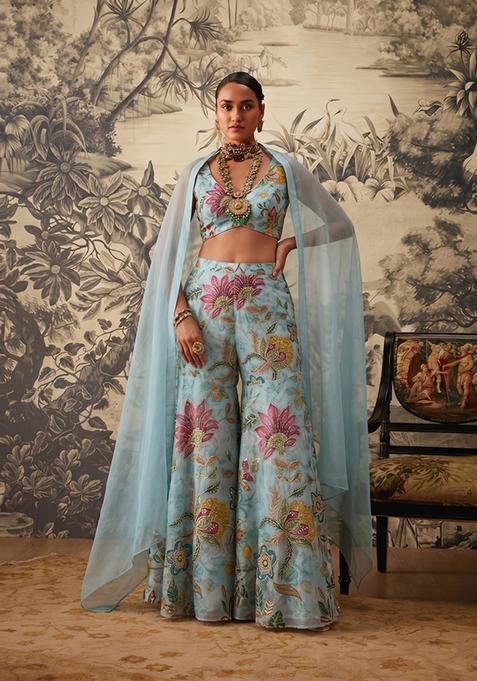 Powder Blue Embroidered Organza Fusion Set