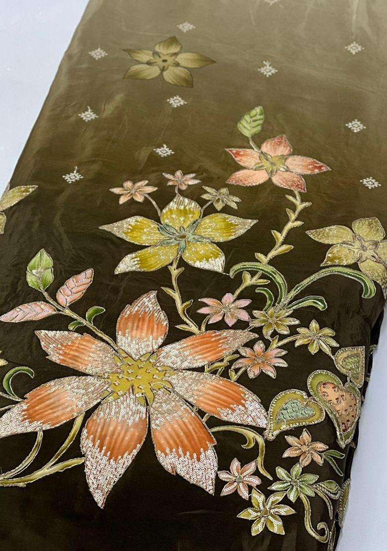 Olive Green Embroidered Crepe Lehenga Set - Indya