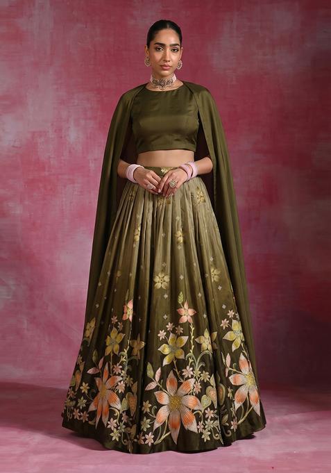 Olive Green Embroidered Crepe Lehenga Set