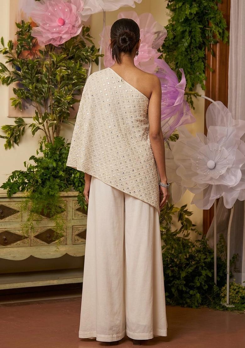 Off White Embroidered Georgette Fusion Set - Indya