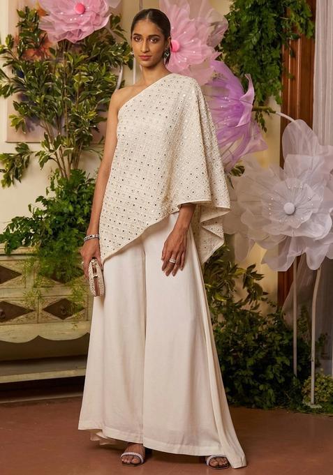 Off White Embroidered Georgette Fusion Set