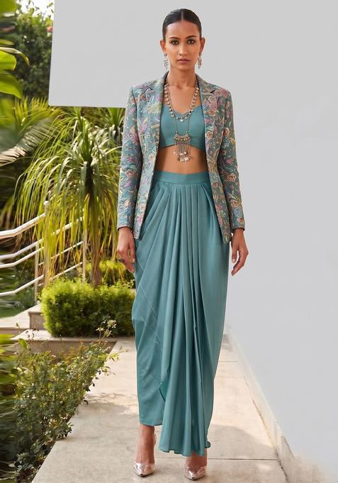 Sea Green Printed Crepe Fusion Set