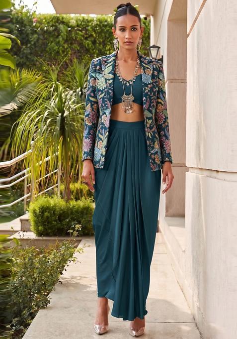 Deep Teal Printed Crepe Fusion Set