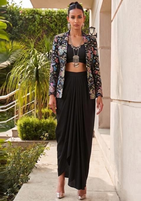 Black Printed Crepe Fusion Set