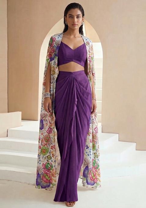 White Printed Chinon Pre Draped Saree Set