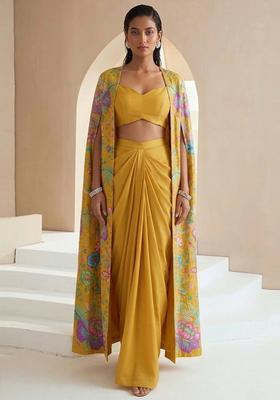 Mustard Yellow Printed Chinon Fusion Set