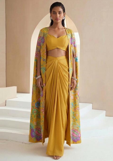 Mustard Yellow Printed Chinon Fusion Set