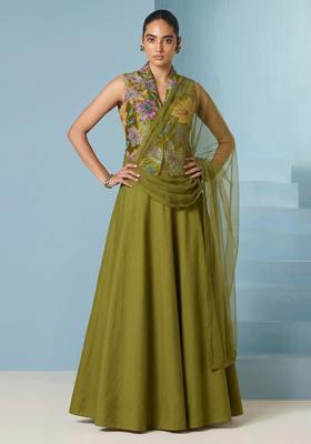 Olive Green Printed Crepe Lehenga Set