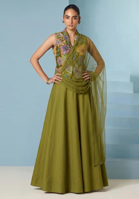 Olive Green Printed Crepe Lehenga Set