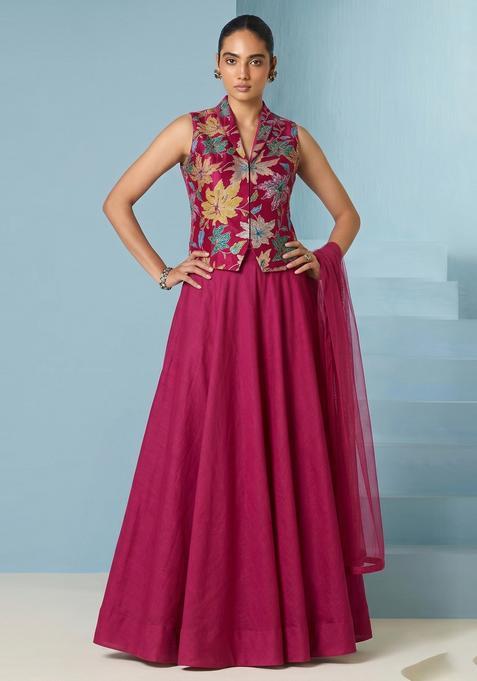 Magenta Printed Crepe Lehenga Set