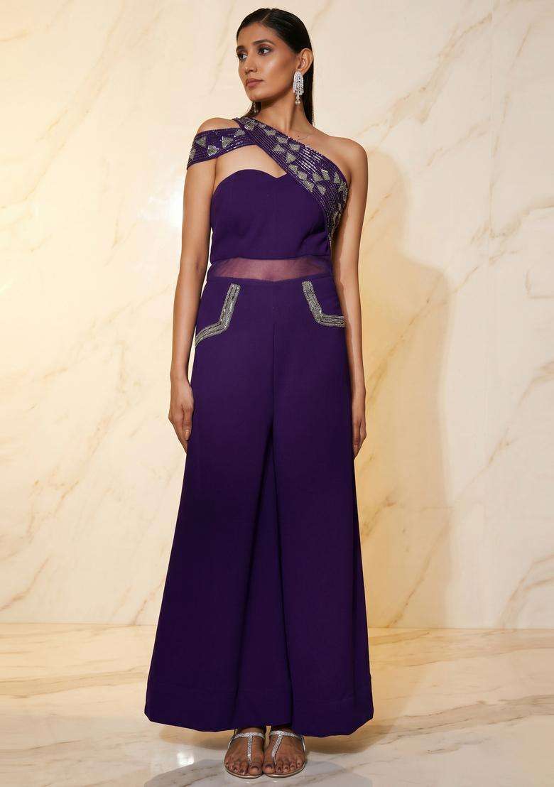 Dark Purple Handwork Fusion Set - Indya