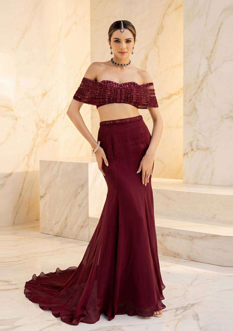 Maroon Handwork Fusion Set - Indya