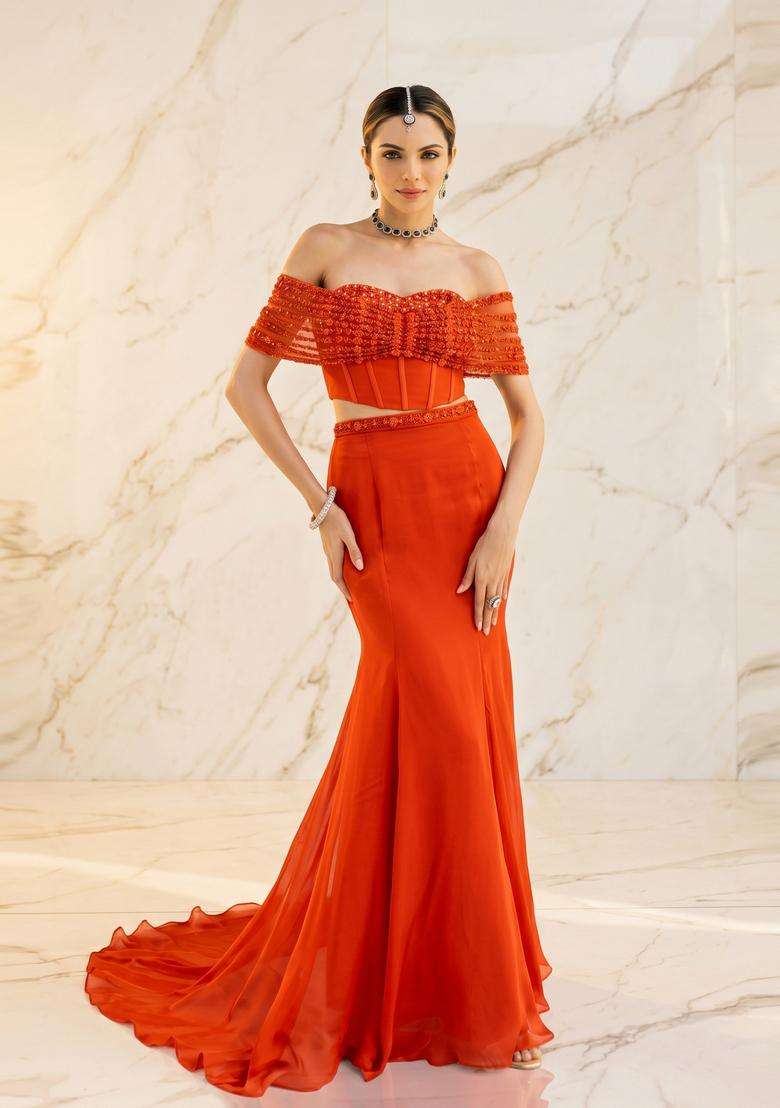 Bright Orange Handwork Fusion Set - Indya