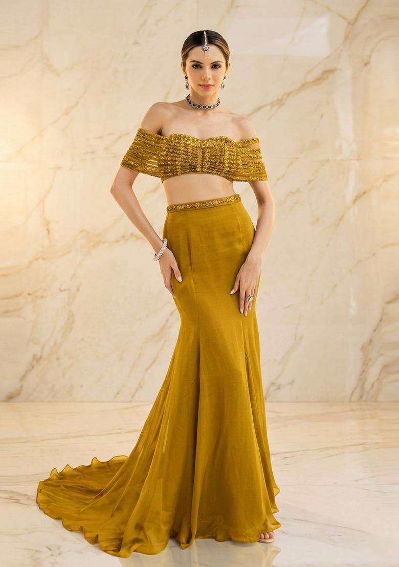 Mustard Yellow Handwork Fusion Set - Indya