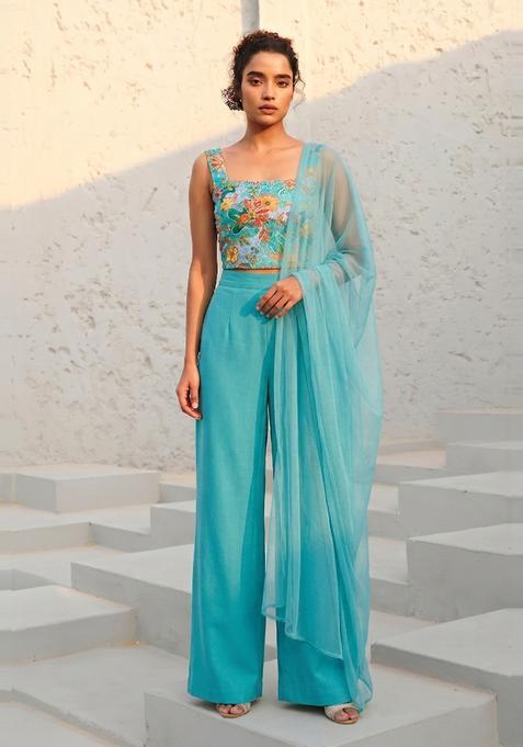 Turquoise Blue Printed Silk Fusion Set