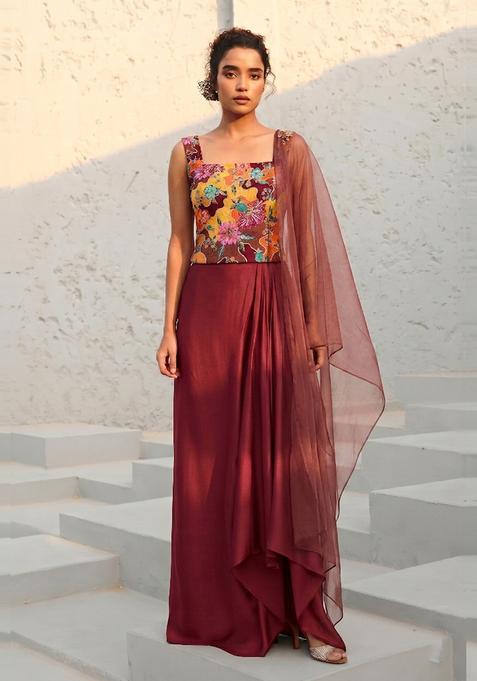 Maroon Printed Silk Fusion Set