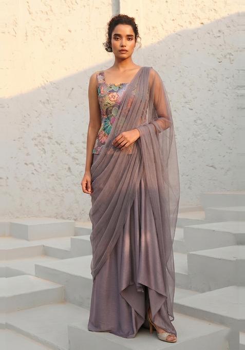 Mauve Printed Silk Fusion Set