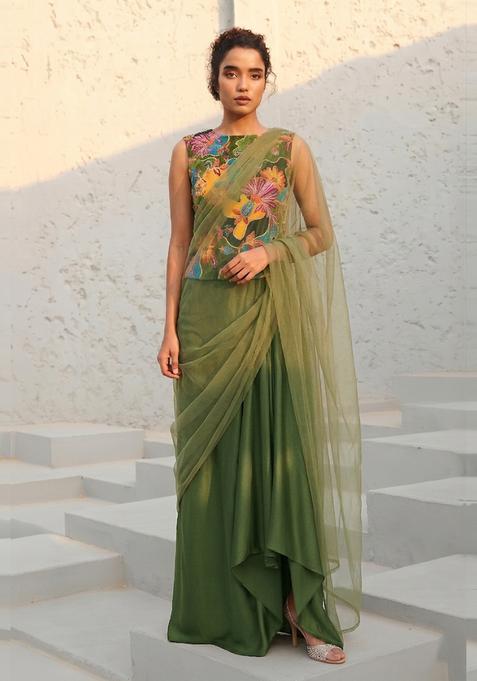 Olive Green Printed Silk Fusion Set