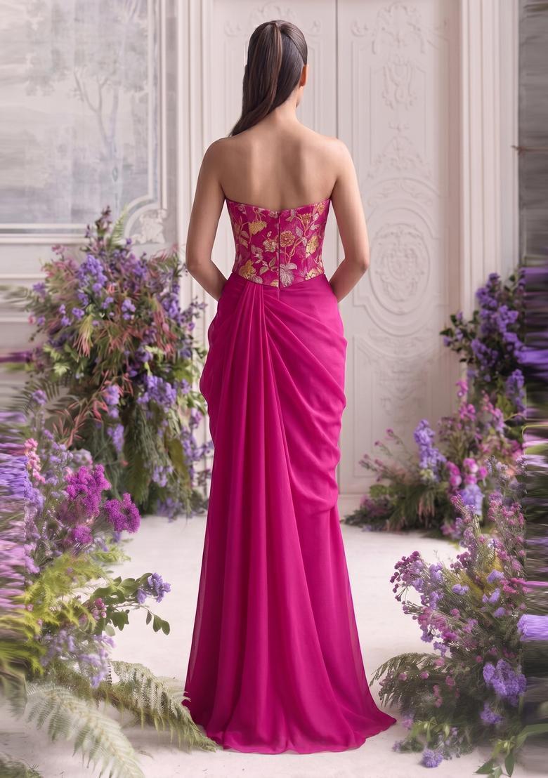 Magenta Embroidered Organza Fusion Set - Indya