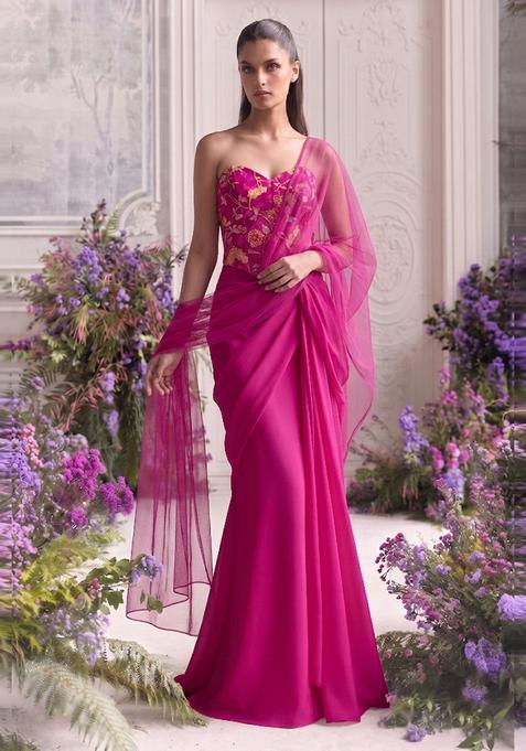 Magenta Embroidered Organza Fusion Set