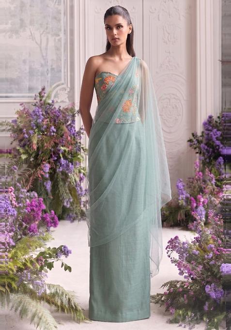 Sage Green Embroidered Organza Fusion Set